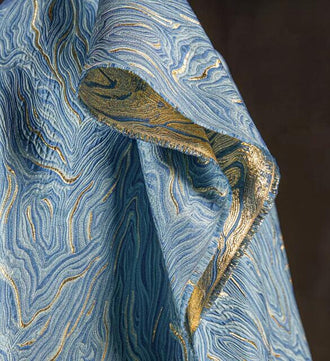 30%Off-Light blue gold glossy jacquard texture fabric, jacket dress fabric,  wave pattern jacquard, retro Chinese style wedding dress fabric