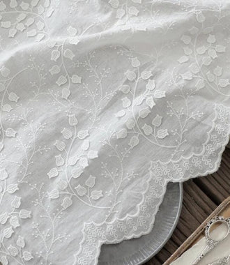 SALE, 100% cotton fabric, off-white color floral embroidery, handmade cotton fabric, DIY dress fabric, scallop edge fabric, by the yard