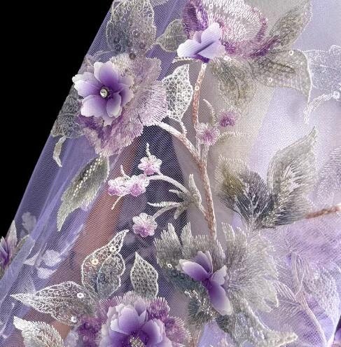 High quality embroidered flower mesh fabric, sequins flower mesh fabric, light purple wedding dress fabric, fabric by the yard