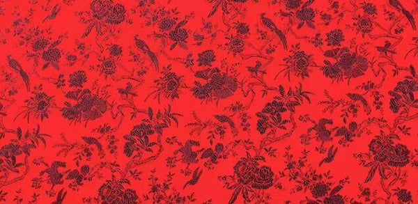 Red Color Brocade Fabric with Black Bird Style, Cheongsam Fabric, Chinese Style Fabric, Jacquard Fabric, Fabric by the yard