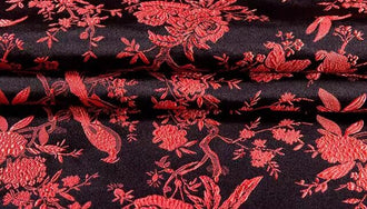 Black Color Brocade Fabric with red bird, Cheongsam Fabric, Chinese Style Fabric, Wedding Jacquard Fabric, Fabric by the yard
