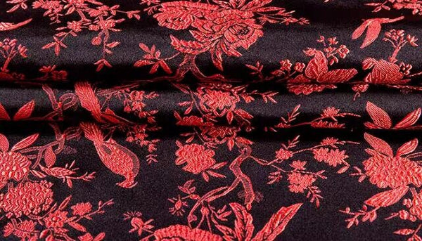 Black Color Brocade Fabric with red bird, Cheongsam Fabric, Chinese Style Fabric, Wedding Jacquard Fabric, Fabric by the yard