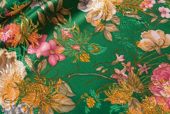Gold Yellow/Dark Green Color Brocade Fabric with Peony Style, Cheongsam Fabric, Chinese Style Fabric, Jacquard Fabric, Fabric by the yard
