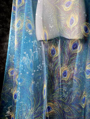 Retro Blue Peacock Feather Mesh Fabric, Wedding Dress Mesh Fabric, Cosplay Dress Fabric, Fabric by the  yard