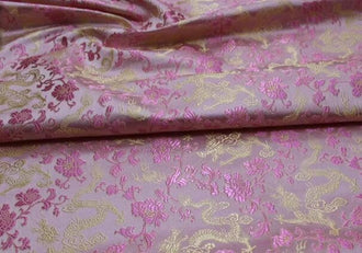Pink gold color brocade fabric with Chinese dragon pattern, jacquard fabric, by the yard