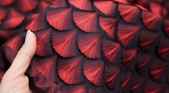 3D Relief red scale woven brocade fabric with fan-shaped texture, jacquard fabric, black red jacquard fabric