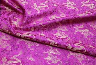 Rose red color brocade fabric with Chinese gold dragon pattern, jacquard fabric, by the yard