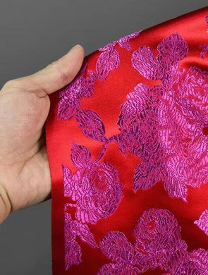 Big red color with rose red peony flower brocade fabric, Chinese style jacquard qipao fabric, children's clothing fabric