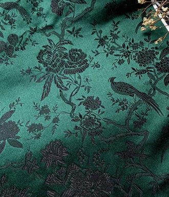 Hunter Green color brocade fabric with black bird flower pattern, wedding jacquard fabric, by the yard