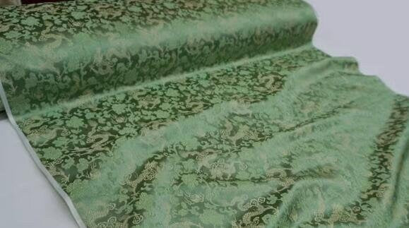 Green color brocade fabric with gold dragon pattern, jacquard fabric, fabric by the yard