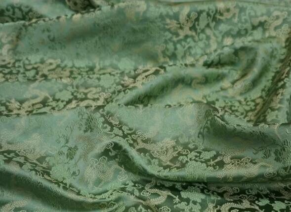 Green color brocade fabric with gold dragon pattern, jacquard fabric, fabric by the yard