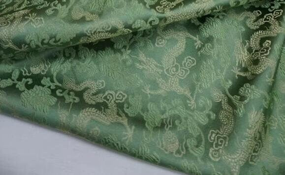 Green color brocade fabric with gold dragon pattern, jacquard fabric, fabric by the yard