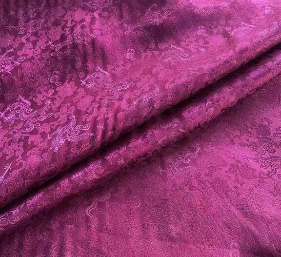 Purple red color silk jacquard fabric with dragon, silk brocade fabric, Chinese dragon pattern fabric for wedding, Cosplay dress fabric