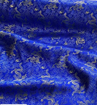 BLUE color silk jacquard fabric with gold dragon pattern,  Cosplay dress fabric