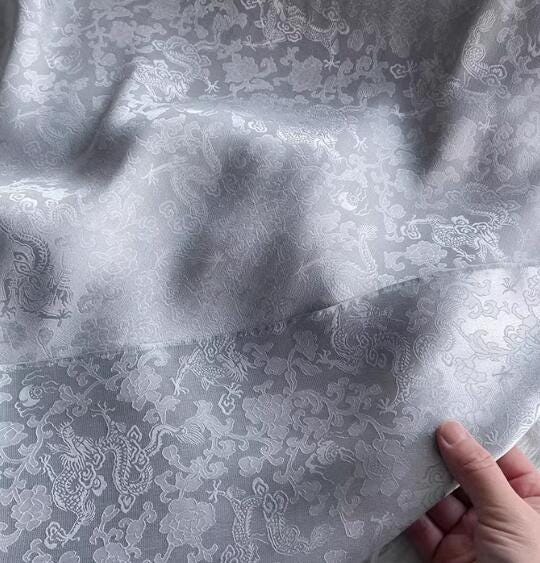 Silver grey color silk jacquard fabric with dragon pattern,  Cosplay dress fabric