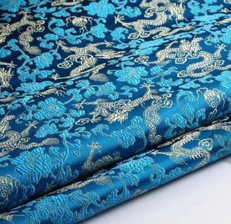 Retro blue Color Brocade Fabric With Gold Dragon Pattern, Dragon Style Jacquard Fabric, Cosplay Dress Fabric, by the yard