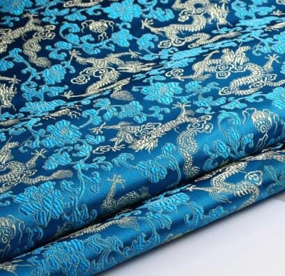 Retro blue Color Brocade Fabric With Gold Dragon Pattern, Dragon Style Jacquard Fabric, Cosplay Dress Fabric, by the yard