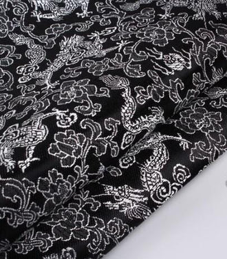 Black Color Brocade Fabric With Silver Dragon Pattern, Dragon Style Jacquard Fabric, Tang-suit Dress Fabric, by the yard