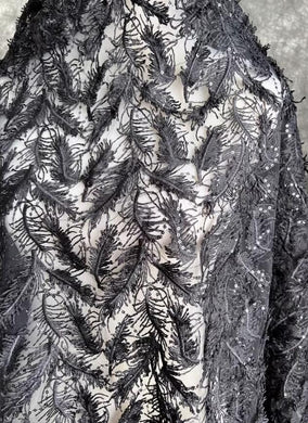 Black color mesh fabric, sequins mesh, embroidered feather mesh fabric, wedding mesh fabric, fabric by the yard