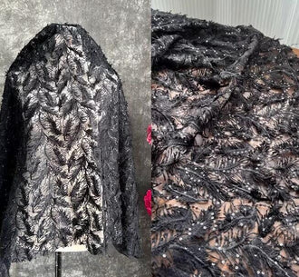 Black color mesh fabric, sequins mesh, embroidered feather mesh fabric, wedding mesh fabric, fabric by the yard