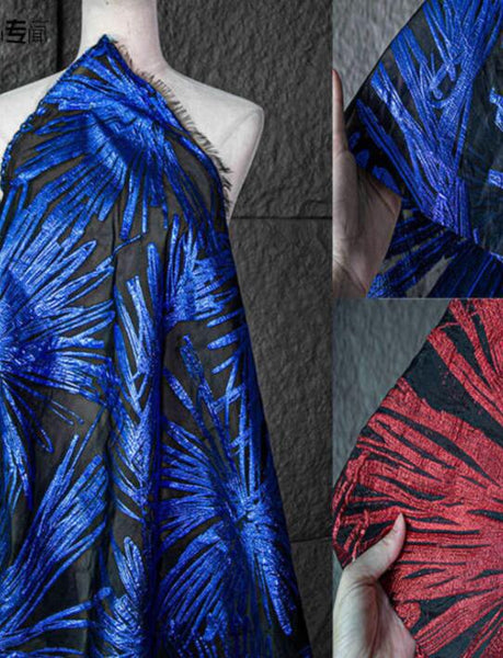 2 Color blue black/red black color jacquard fabric with fireworks pattern, wedding party dress fabric, Cosplay dress fabric,