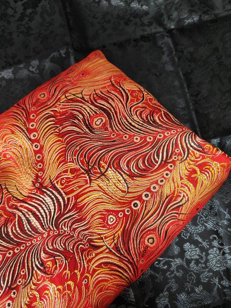 Clearance sale-For 8 m long-Red color brocade fabric with peacock feather, feather jacquard fabric, for wedding