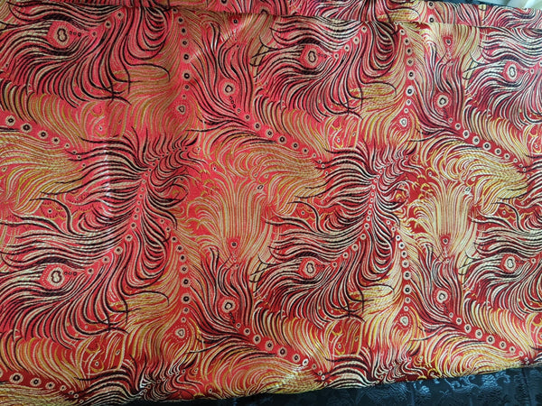 Clearance sale-For 8 m long-Red color brocade fabric with peacock feather, feather jacquard fabric, for wedding
