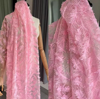 Rose pink color mesh fabric, embroidered feather mesh fabric, wedding mesh fabric, fabric by the yard