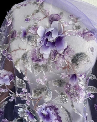 High quality embroidered flower mesh fabric, sequins flower mesh fabric, light purple wedding dress fabric, fabric by the yard