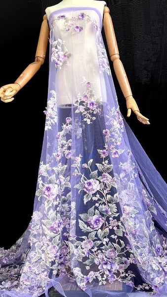 High quality embroidered flower mesh fabric, sequins flower mesh fabric, light purple wedding dress fabric, fabric by the yard