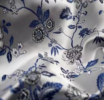 Silver grey color brocade fabric with blue white flower, jacquard fabric, fabric by the yard