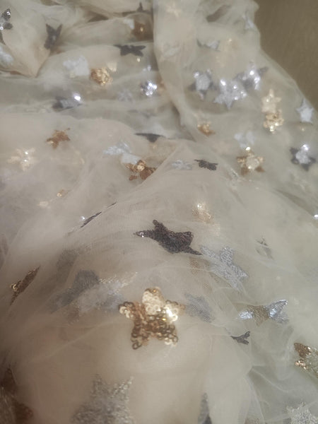 Apricot color mesh fabric with embroidered sequins stars, wedding mesh fabric, fashion mesh fabric