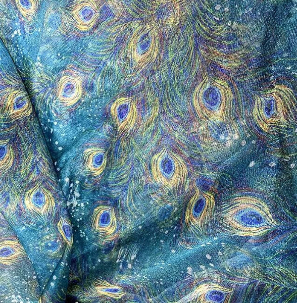 Retro Blue Peacock Feather Mesh Fabric, Wedding Dress Mesh Fabric, Cosplay Dress Fabric, Fabric by the  yard