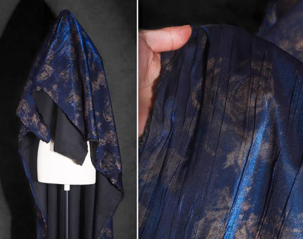 Blue pleated jacquard with rose pattern fabric, retro blue gold fabric, wedding jacket jacquard fabric,