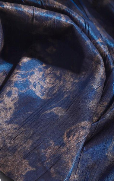 Blue pleated jacquard with rose pattern fabric, retro blue gold fabric, wedding jacket jacquard fabric,