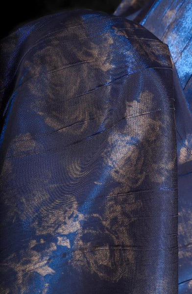 Blue pleated jacquard with rose pattern fabric, retro blue gold fabric, wedding jacket jacquard fabric,