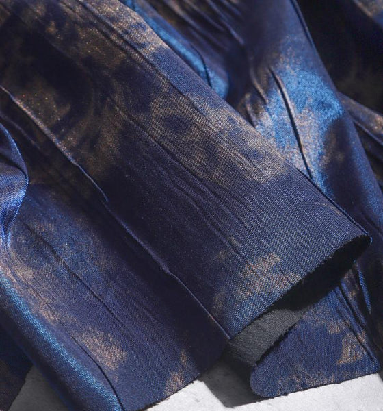 Blue pleated jacquard with rose pattern fabric, retro blue gold fabric, wedding jacket jacquard fabric,