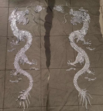 Black background mesh with silver dragon, sequin embroidery patch, skirt decoration applique, 1 pair-sewing on