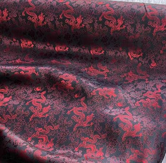 Black color silk jacquard fabric with red dragon pattern, silk brocade fabric, Cosplay dress fabric