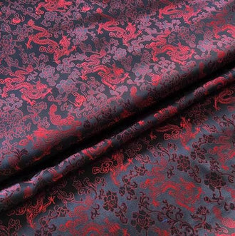 Black color silk jacquard fabric with red dragon pattern, silk brocade fabric, Cosplay dress fabric