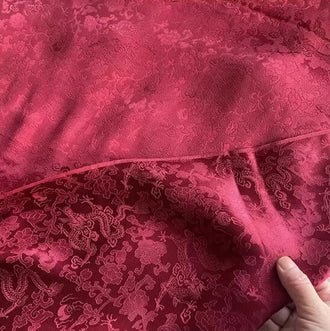 Dark red color silk jacquard fabric with dragon pattern,  Cosplay dress fabric