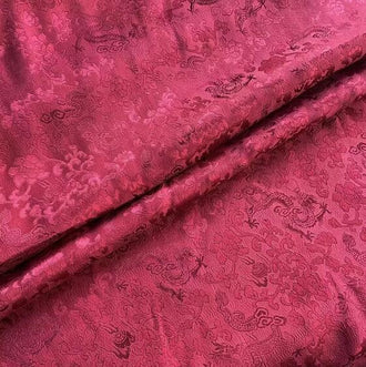 Dark red color silk jacquard fabric with dragon pattern,  Cosplay dress fabric
