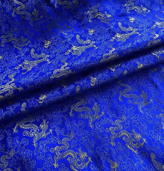 BLUE color silk jacquard fabric with gold dragon pattern,  Cosplay dress fabric