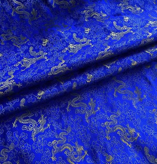 BLUE color silk jacquard fabric with gold dragon pattern,  Cosplay dress fabric