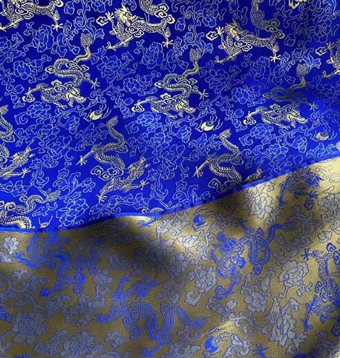BLUE color silk jacquard fabric with gold dragon pattern,  Cosplay dress fabric