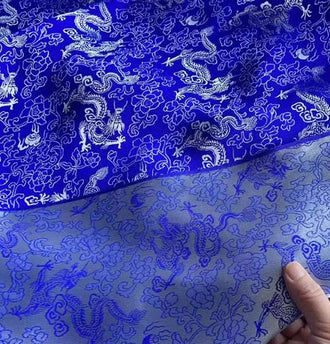 Blue color silk jacquard fabric with silver dragon pattern,  Cosplay dress fabric