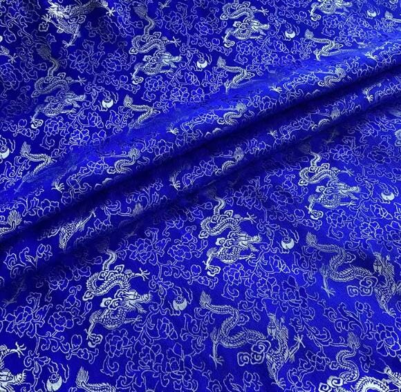 Blue color silk jacquard fabric with silver dragon pattern,  Cosplay dress fabric