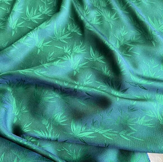 Green color silk jacquard fabric with Bamboo leaves,  Cosplay dress fabric