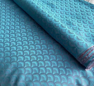 Peacock blue color silk jacquard fabric with fan pattern, wedding dress fabric, Cosplay dress fabric