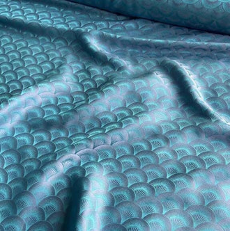 Peacock blue color silk jacquard fabric with fan pattern, wedding dress fabric, Cosplay dress fabric